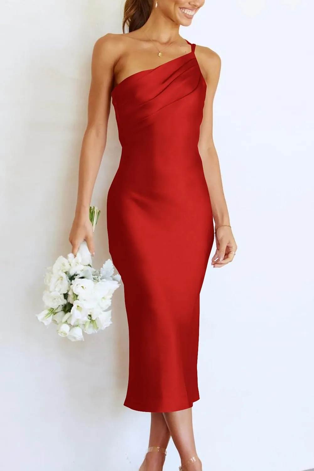PRETTYGARDEN Women's 2025 Summer Midi Satin Dress One Shoulder Spaghetti Strap Backless Ruched Bodycon Dresses