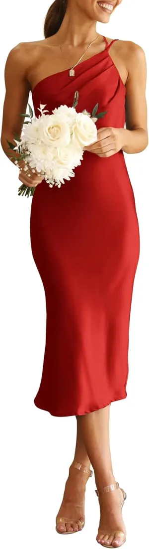 PRETTYGARDEN Women's 2025 Summer Midi Satin Dress One Shoulder Spaghetti Strap Backless Ruched Bodycon Dresses