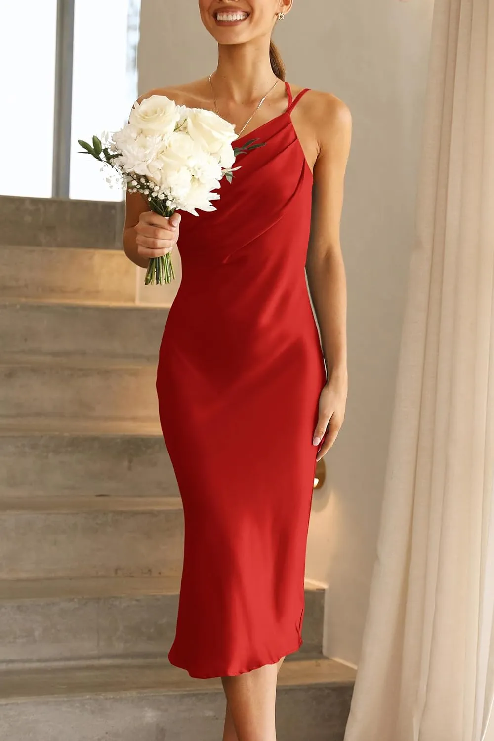 PRETTYGARDEN Women's 2025 Summer Midi Satin Dress One Shoulder Spaghetti Strap Backless Ruched Bodycon Dresses