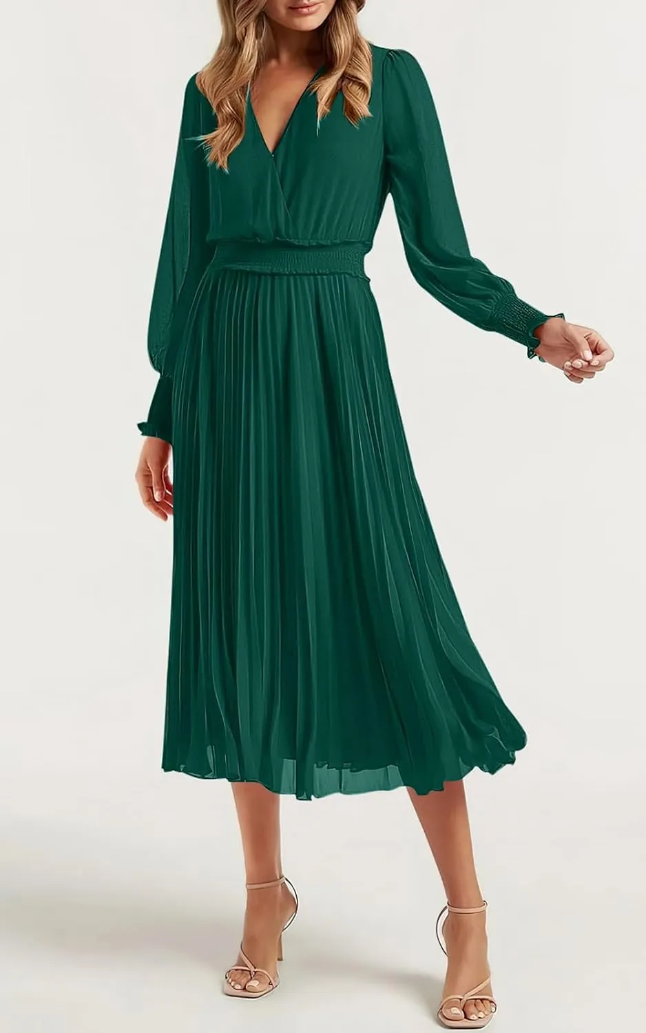 PRETTYGARDEN Womens Wrap V Neck Spring Dresses Wedding Guest Casual Pleated Long Sleeve Midi Dress Ruffle Smocked Long Dress