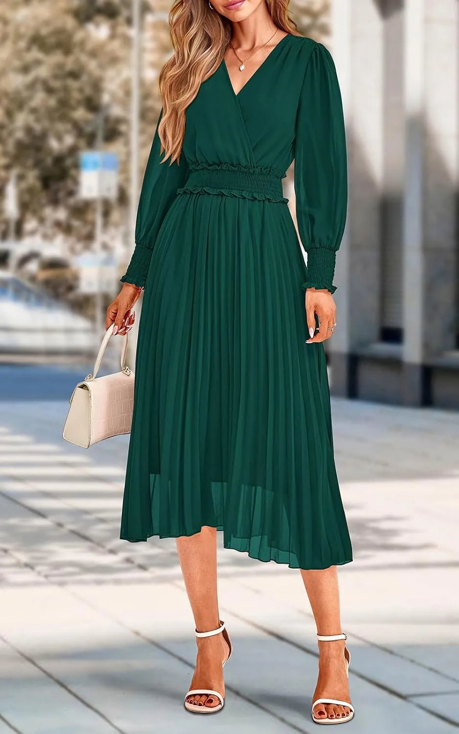 PRETTYGARDEN Womens Wrap V Neck Spring Dresses Wedding Guest Casual Pleated Long Sleeve Midi Dress Ruffle Smocked Long Dress