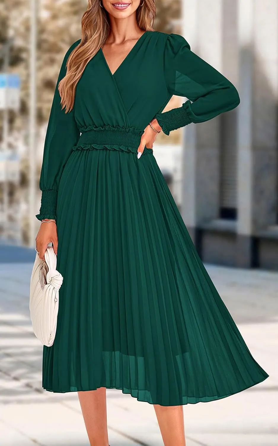 PRETTYGARDEN Womens Wrap V Neck Spring Dresses Wedding Guest Casual Pleated Long Sleeve Midi Dress Ruffle Smocked Long Dress