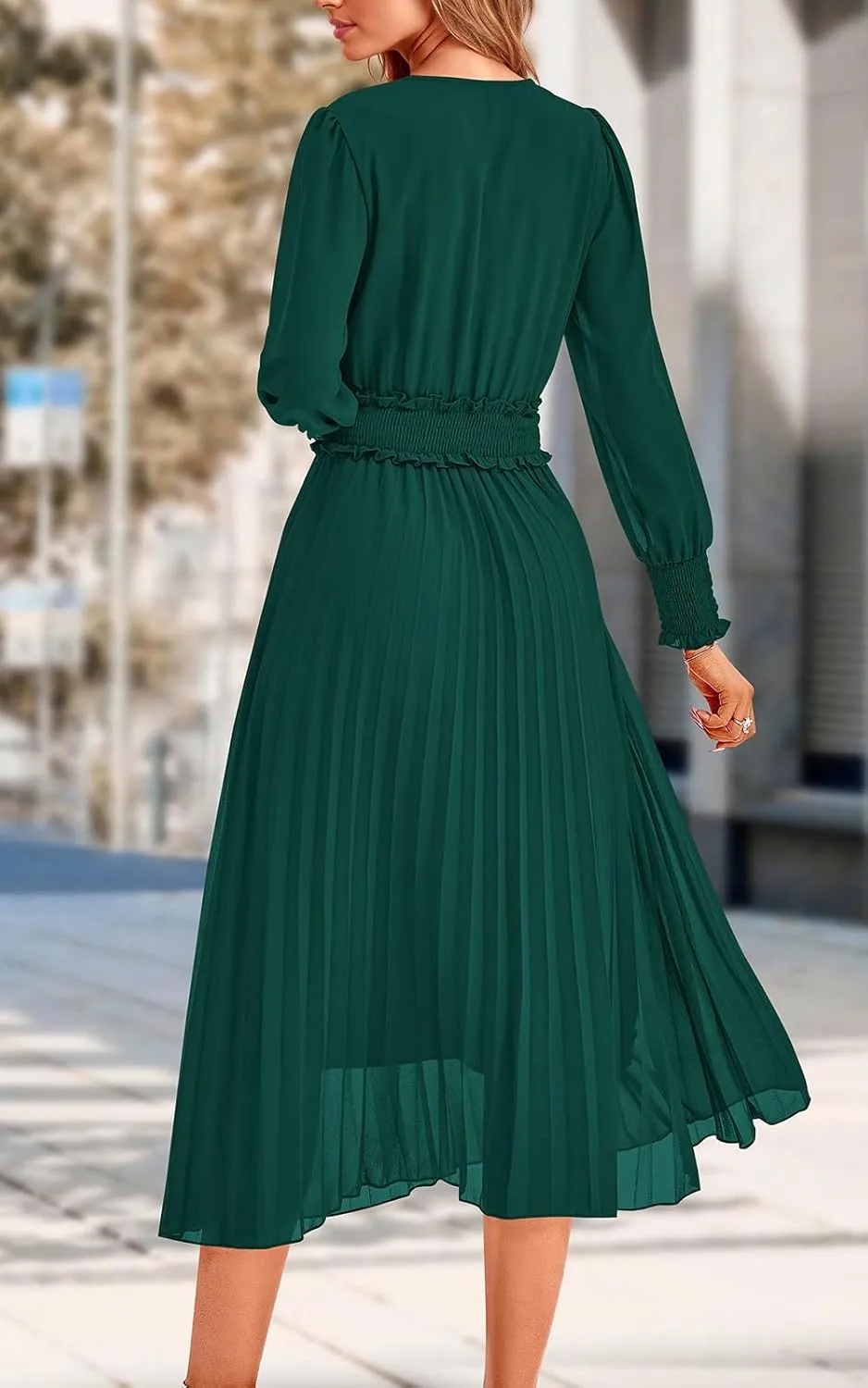 PRETTYGARDEN Womens Wrap V Neck Spring Dresses Wedding Guest Casual Pleated Long Sleeve Midi Dress Ruffle Smocked Long Dress