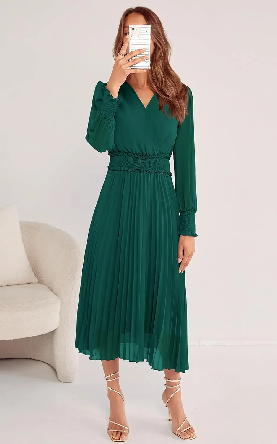 PRETTYGARDEN Womens Wrap V Neck Spring Dresses Wedding Guest Casual Pleated Long Sleeve Midi Dress Ruffle Smocked Long Dress