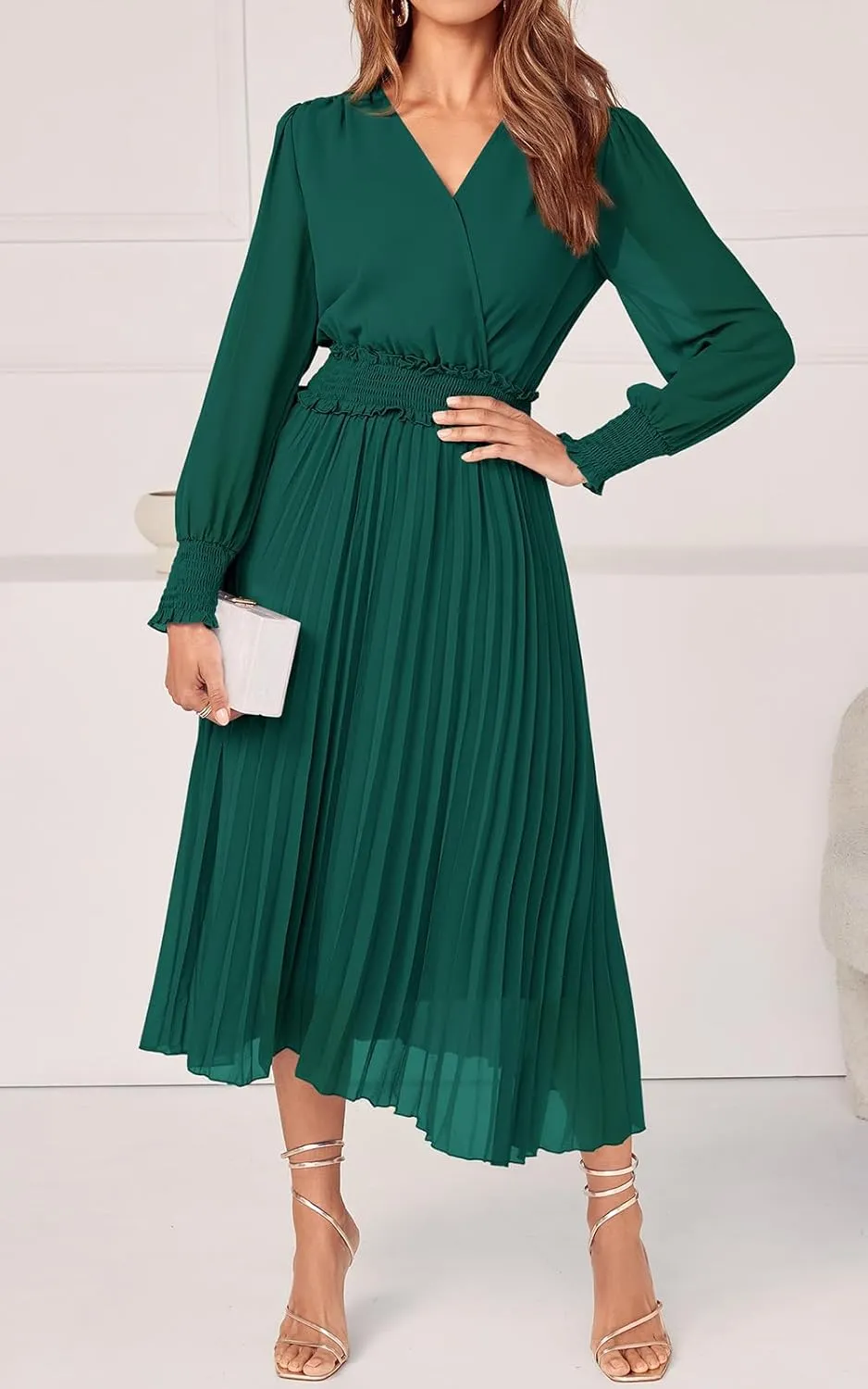 PRETTYGARDEN Womens Wrap V Neck Spring Dresses Wedding Guest Casual Pleated Long Sleeve Midi Dress Ruffle Smocked Long Dress
