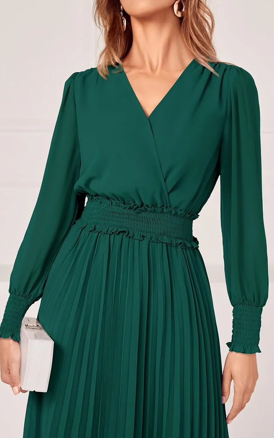 PRETTYGARDEN Womens Wrap V Neck Spring Dresses Wedding Guest Casual Pleated Long Sleeve Midi Dress Ruffle Smocked Long Dress