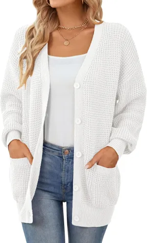 QUALFORT Women's Cardigan Sweater 100% Cotton Button-Down Long Sleeve Oversized Knit Cardigans with Pockets