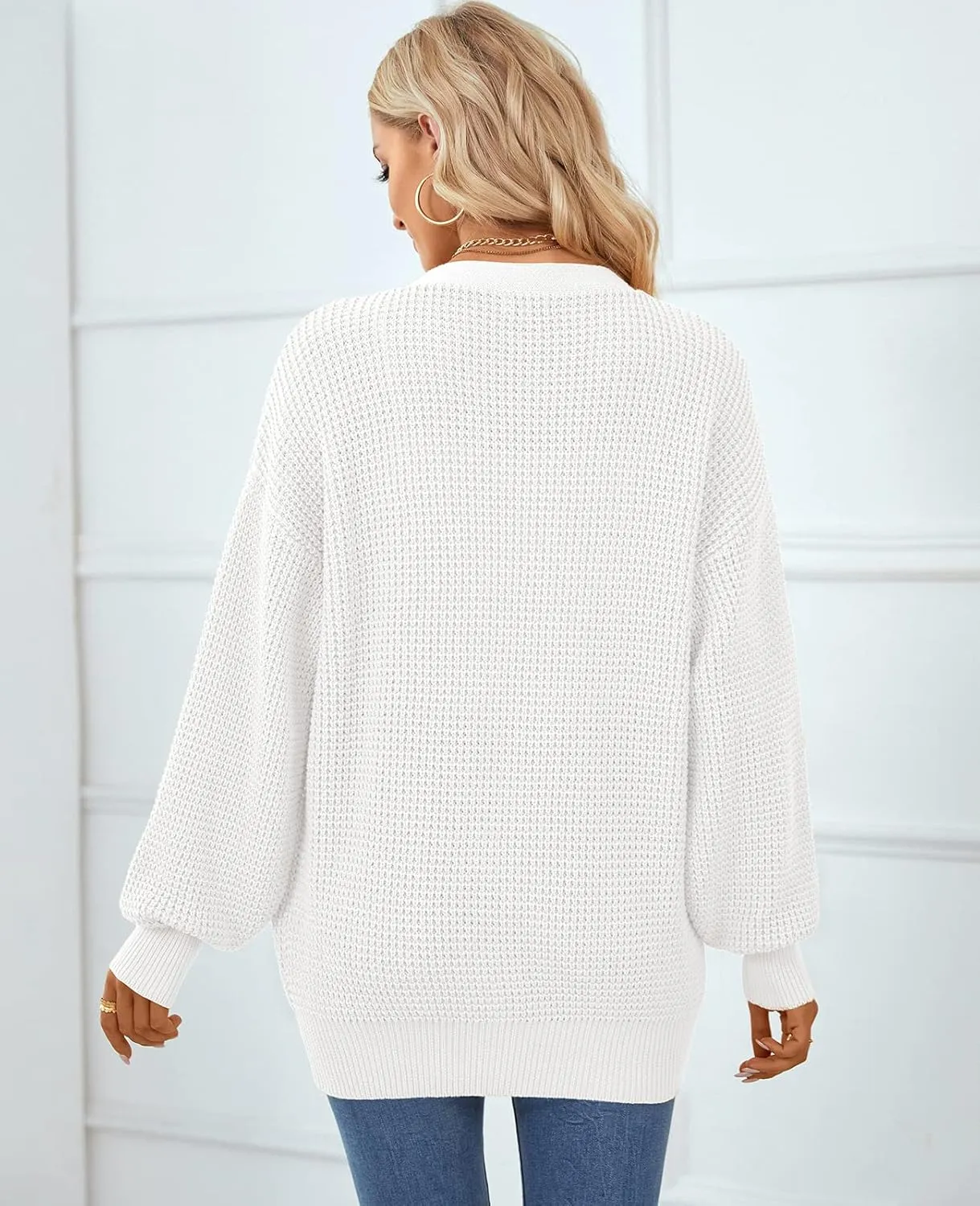 QUALFORT Women's Cardigan Sweater 100% Cotton Button-Down Long Sleeve Oversized Knit Cardigans with Pockets