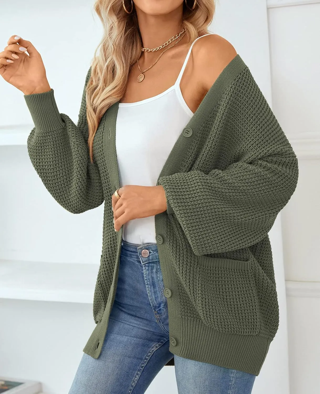 QUALFORT Women's Cardigan Sweater 100% Cotton Button-Down Long Sleeve Oversized Knit Cardigans with Pockets