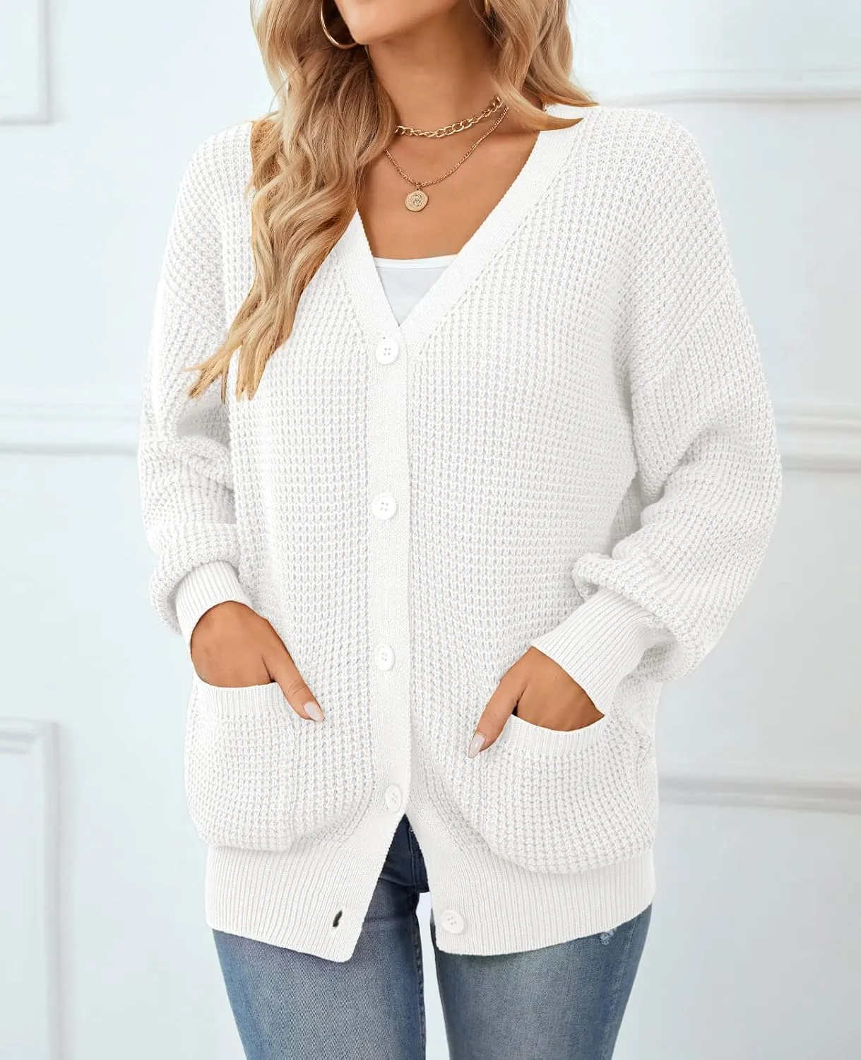 QUALFORT Women's Cardigan Sweater 100% Cotton Button-Down Long Sleeve Oversized Knit Cardigans with Pockets