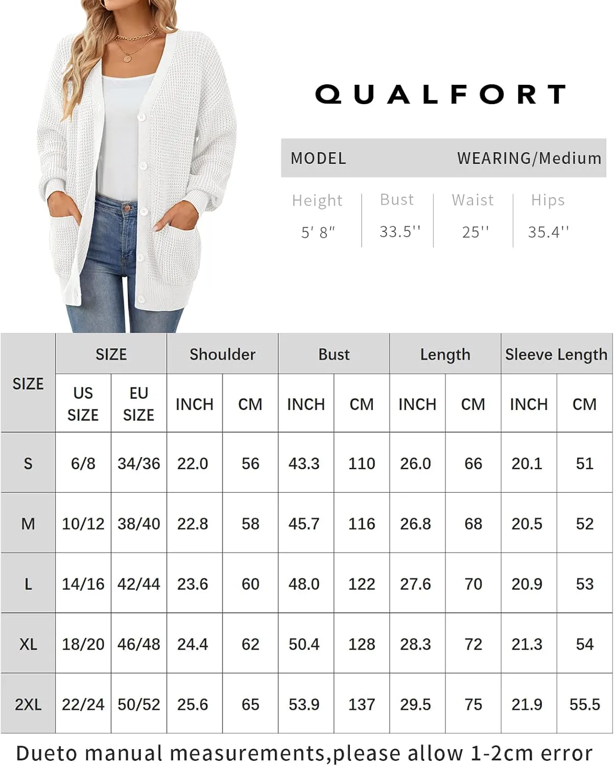 QUALFORT Women's Cardigan Sweater 100% Cotton Button-Down Long Sleeve Oversized Knit Cardigans with Pockets