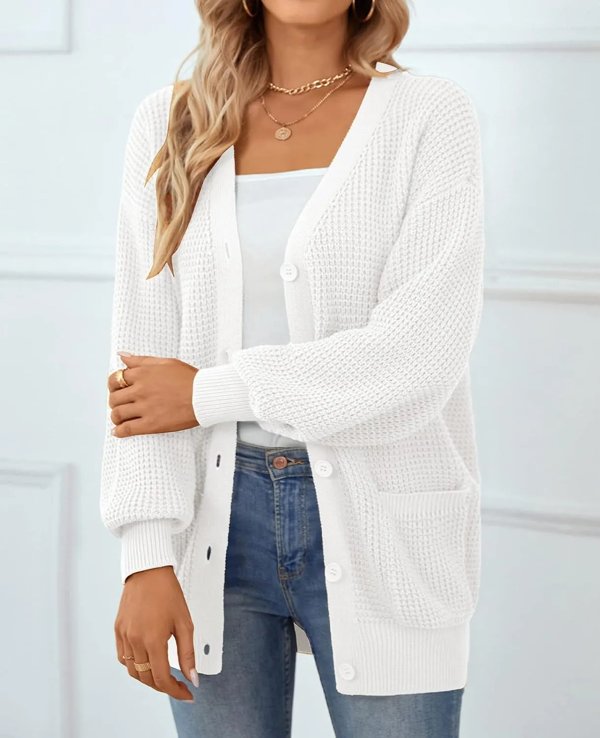 QUALFORT Women's Cardigan Sweater 100% Cotton Button-Down Long Sleeve Oversized Knit Cardigans with Pockets