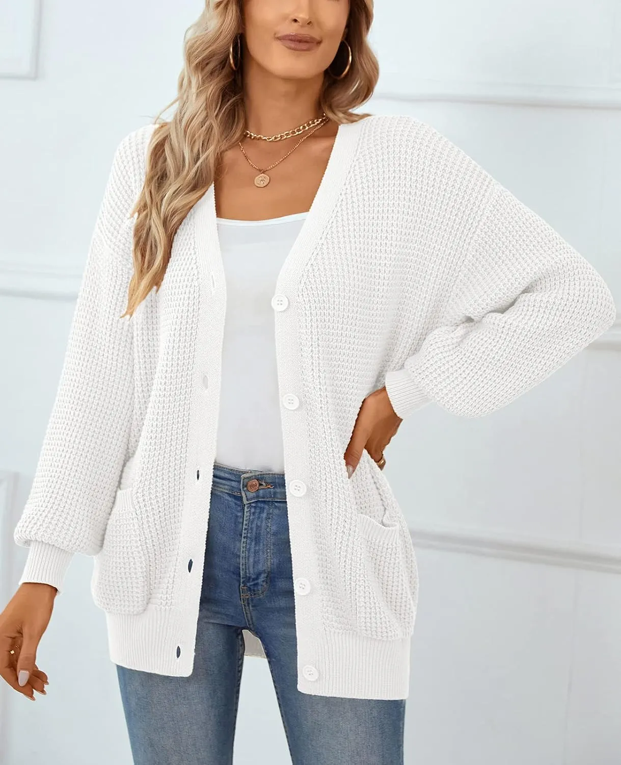 QUALFORT Women's Cardigan Sweater 100% Cotton Button-Down Long Sleeve Oversized Knit Cardigans with Pockets