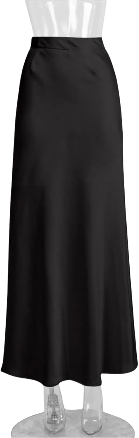 RARITYUS Women’s Silky Satin High Waist Maxi Skirt Elegant Flowy A Line Long Skirt Elastic Bodycon Mermaid Skirt