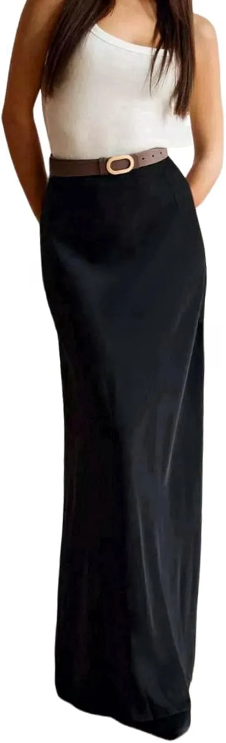 RARITYUS Women’s Silky Satin High Waist Maxi Skirt Elegant Flowy A Line Long Skirt Elastic Bodycon Mermaid Skirt