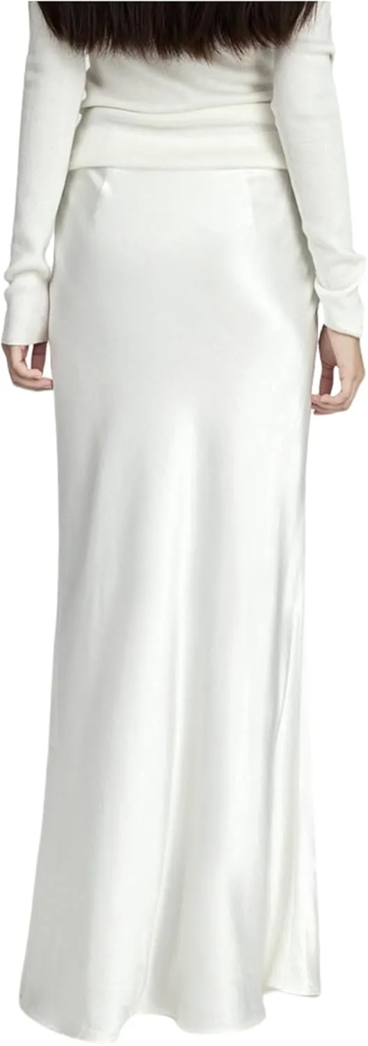 RARITYUS Women’s Silky Satin High Waist Maxi Skirt Elegant Flowy A Line Long Skirt Elastic Bodycon Mermaid Skirt