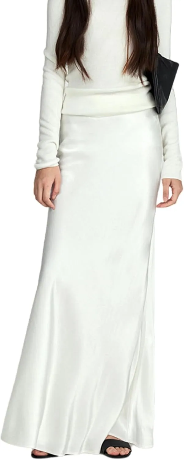 RARITYUS Women’s Silky Satin High Waist Maxi Skirt Elegant Flowy A Line Long Skirt Elastic Bodycon Mermaid Skirt
