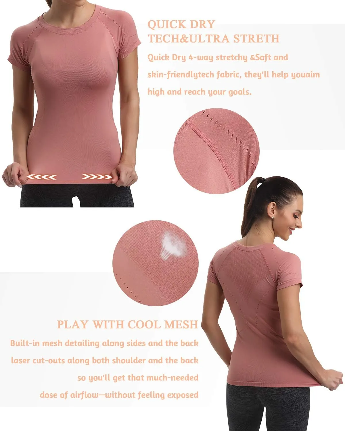 RUNNING GIRL Seamless Workout Shirts for Women，Short Sleeve T-Shirt Stretch Tees Quick Dry Gym Athletic Tops