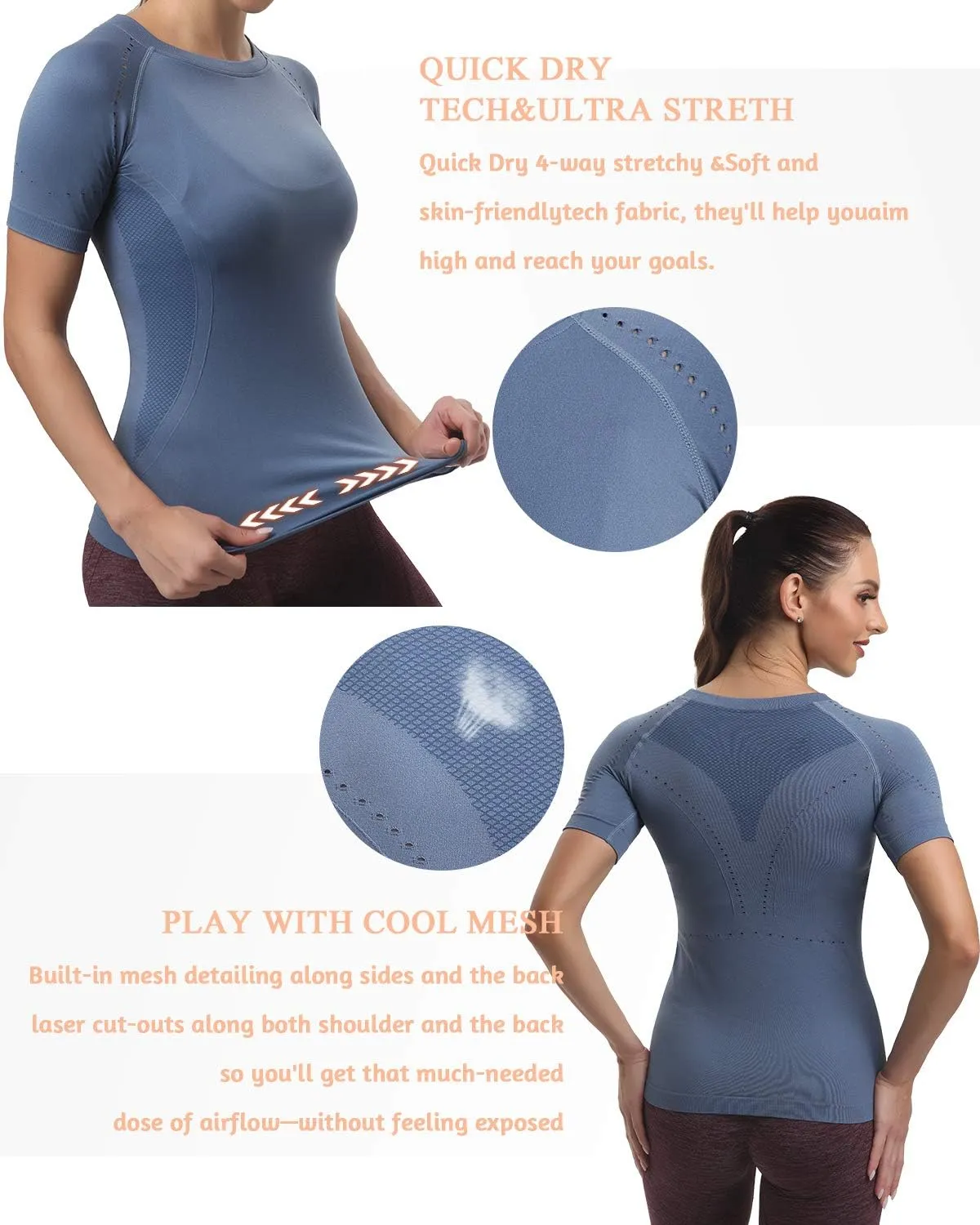 RUNNING GIRL Seamless Workout Shirts for Women，Short Sleeve T-Shirt Stretch Tees Quick Dry Gym Athletic Tops