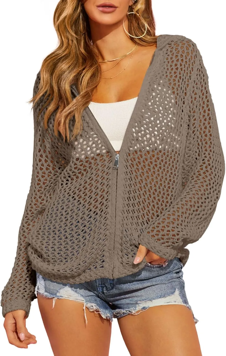 Saodimallsu Womens Crochet Lightweight Cardigans Zip Up Hooded Long Sleeve Knit Sweaters Mesh Beach Swim Cover Up