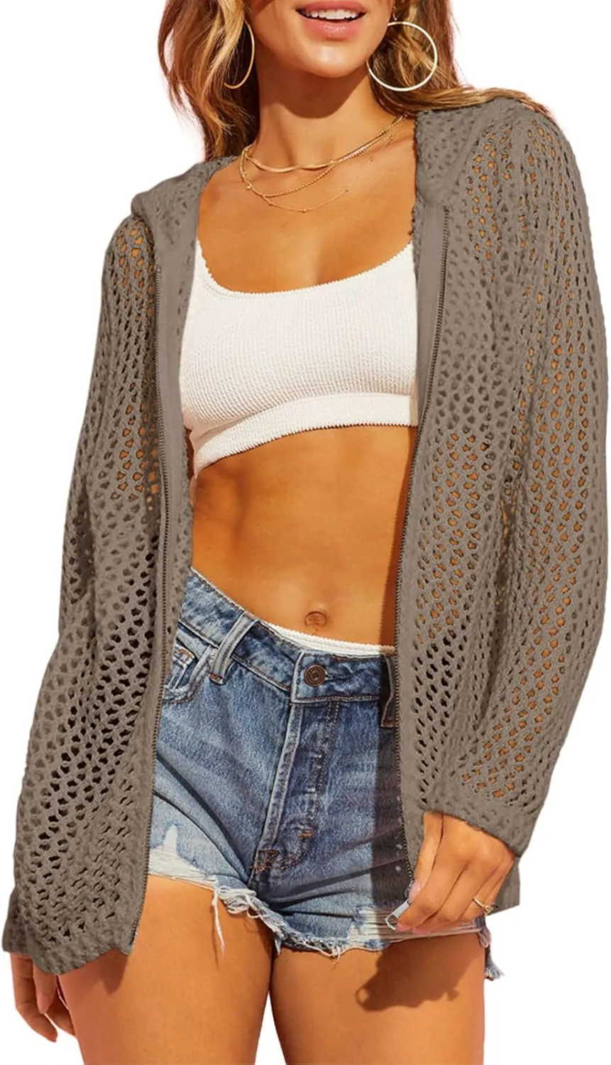 Saodimallsu Womens Crochet Lightweight Cardigans Zip Up Hooded Long Sleeve Knit Sweaters Mesh Beach Swim Cover Up