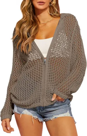 Saodimallsu Womens Crochet Lightweight Cardigans Zip Up Hooded Long Sleeve Knit Sweaters Mesh Beach Swim Cover Up