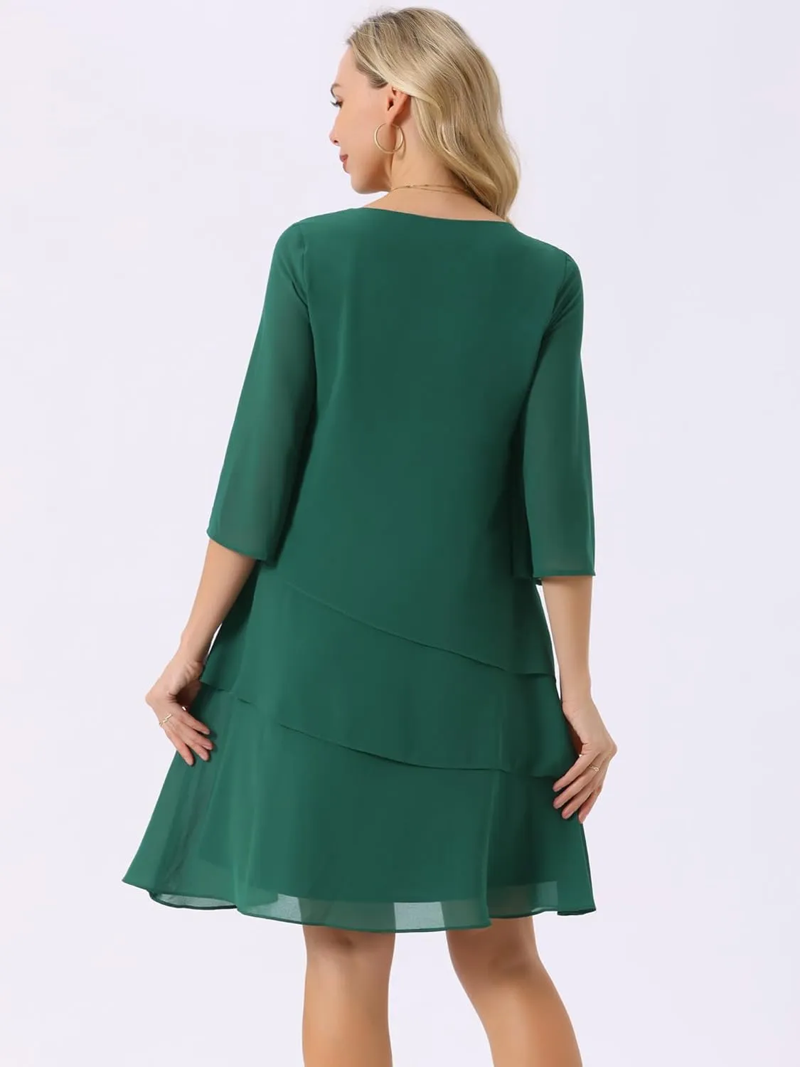 Seta T Women's Chiffon Dresses 3/4 Bell Sleeve Crewneck Tiered Layered Flowy Dress Party Wedding Outfits