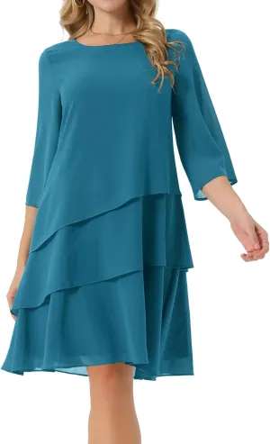 Seta T Women's Chiffon Dresses 3/4 Bell Sleeve Crewneck Tiered Layered Flowy Dress Party Wedding Outfits