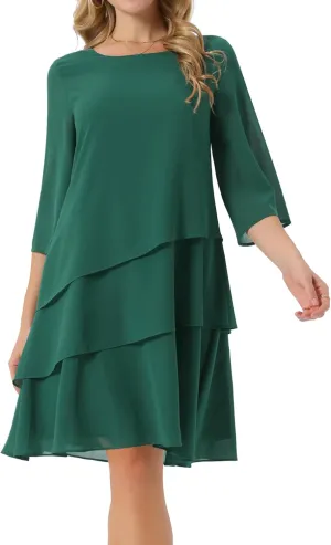 Seta T Women's Chiffon Dresses 3/4 Bell Sleeve Crewneck Tiered Layered Flowy Dress Party Wedding Outfits