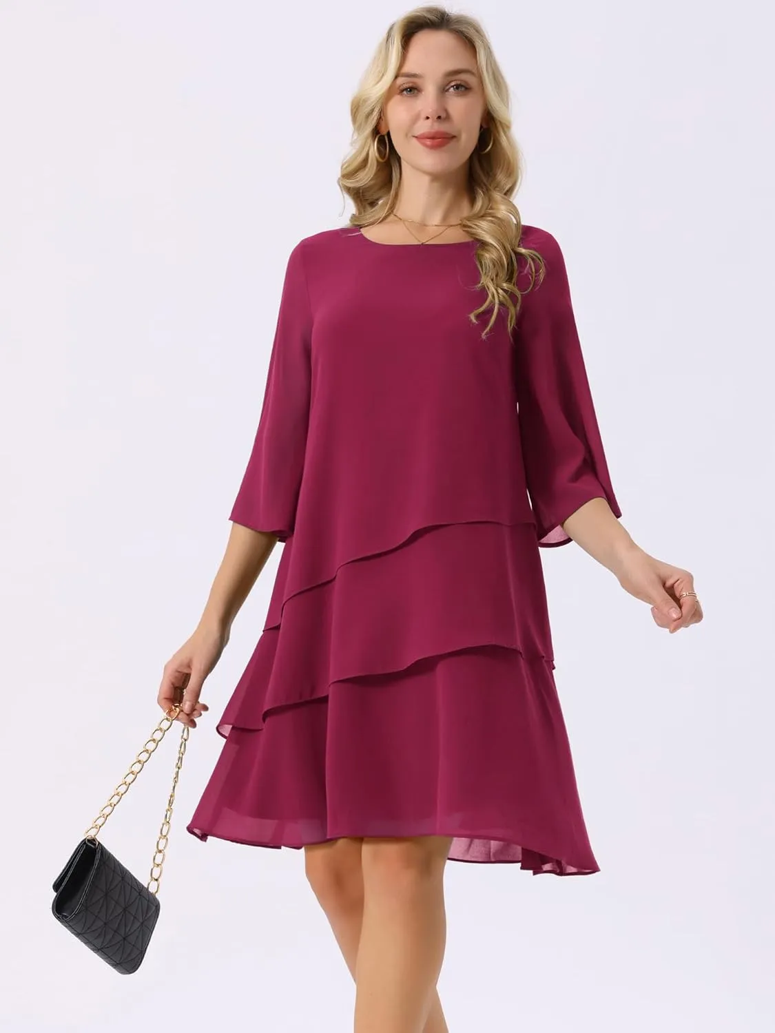 Seta T Women's Chiffon Dresses 3/4 Bell Sleeve Crewneck Tiered Layered Flowy Dress Party Wedding Outfits