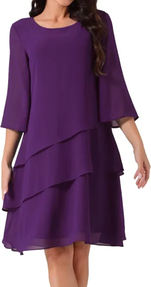 Seta T Women's Chiffon Dresses 3/4 Bell Sleeve Crewneck Tiered Layered Flowy Dress Party Wedding Outfits