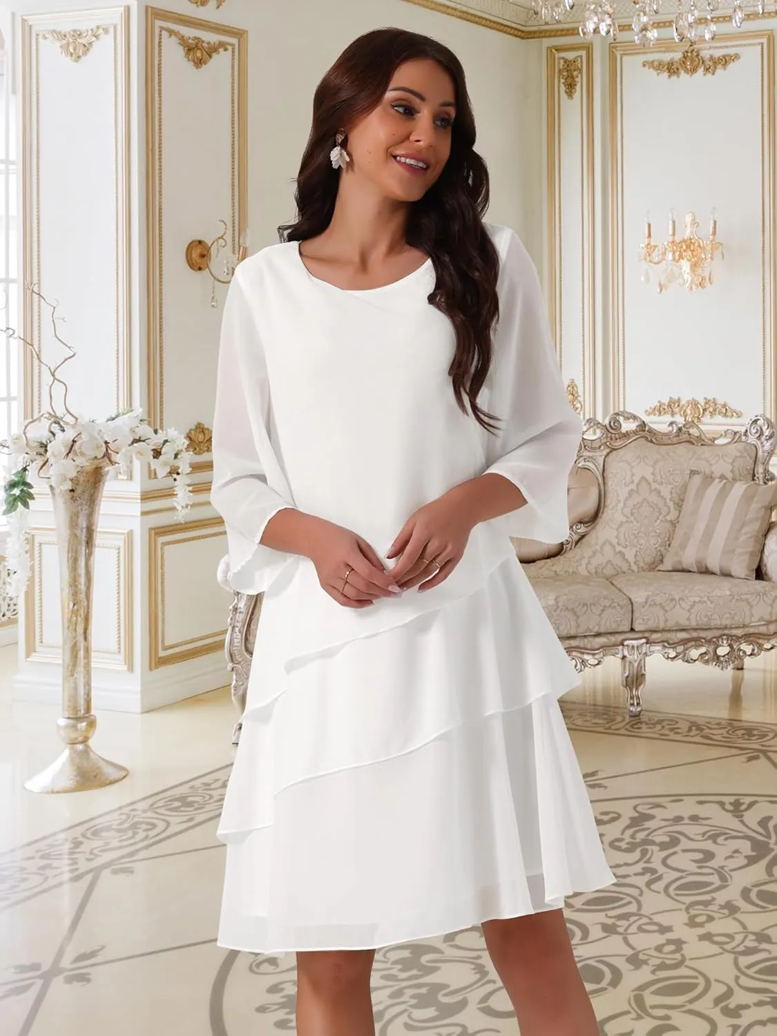 Seta T Women's Chiffon Dresses 3/4 Bell Sleeve Crewneck Tiered Layered Flowy Dress Party Wedding Outfits