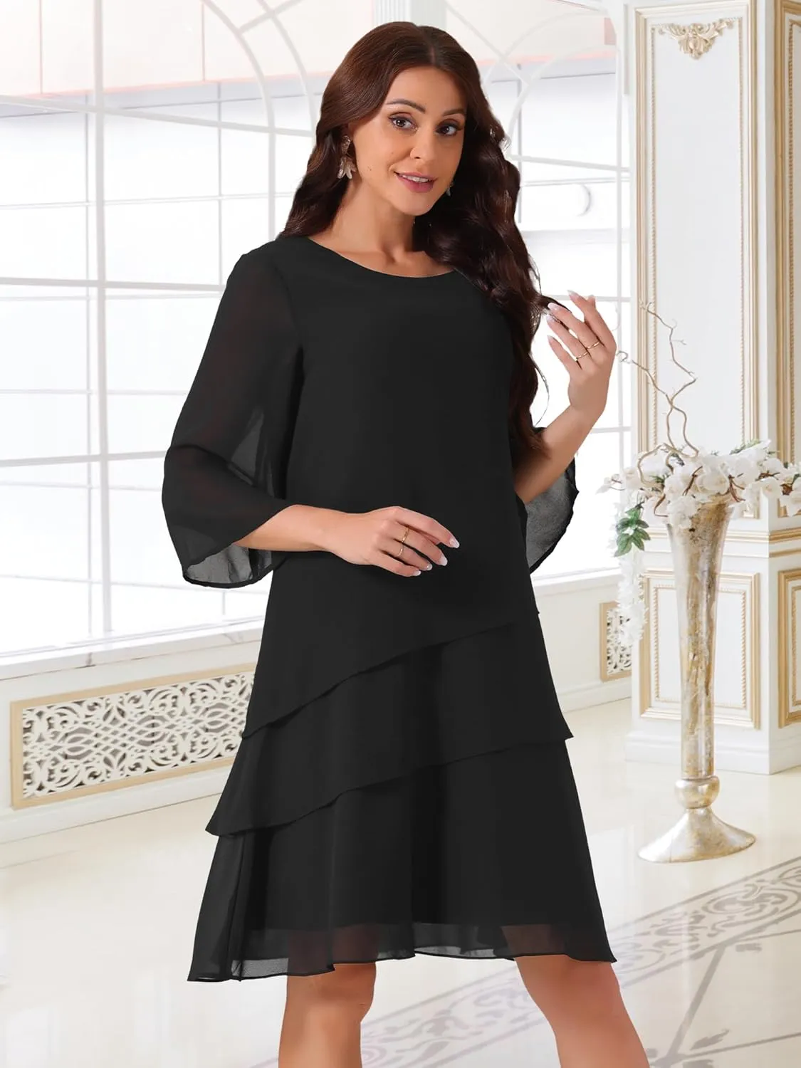 Seta T Women's Chiffon Dresses 3/4 Bell Sleeve Crewneck Tiered Layered Flowy Dress Party Wedding Outfits