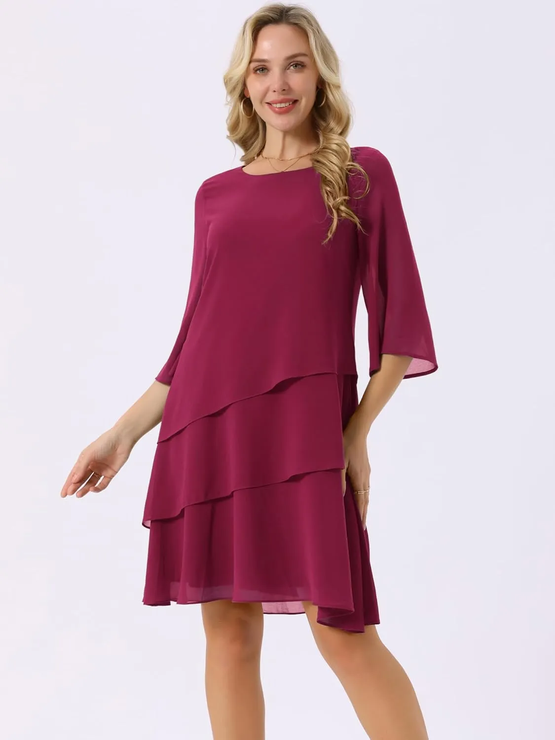 Seta T Women's Chiffon Dresses 3/4 Bell Sleeve Crewneck Tiered Layered Flowy Dress Party Wedding Outfits