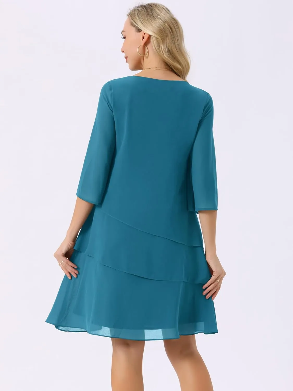 Seta T Women's Chiffon Dresses 3/4 Bell Sleeve Crewneck Tiered Layered Flowy Dress Party Wedding Outfits