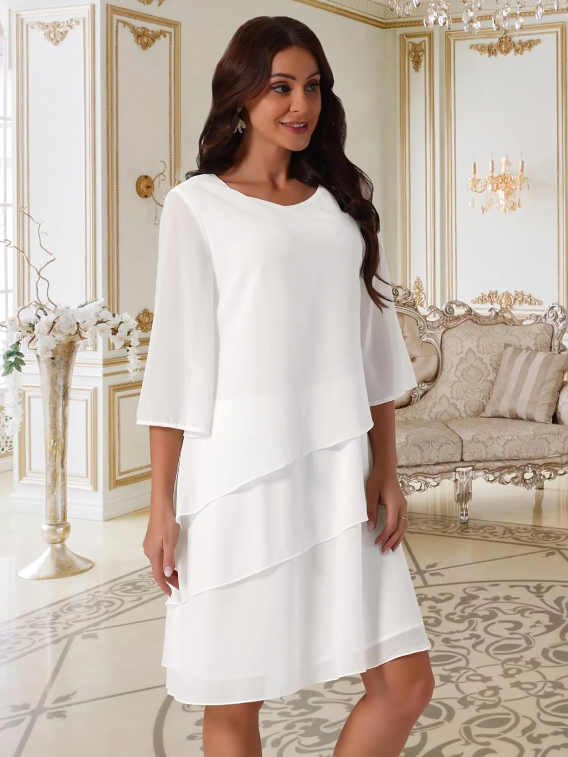 Seta T Women's Chiffon Dresses 3/4 Bell Sleeve Crewneck Tiered Layered Flowy Dress Party Wedding Outfits