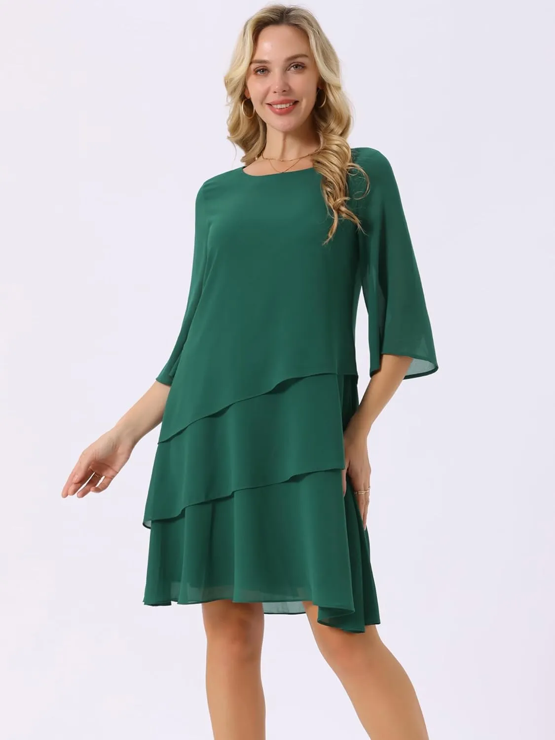 Seta T Women's Chiffon Dresses 3/4 Bell Sleeve Crewneck Tiered Layered Flowy Dress Party Wedding Outfits