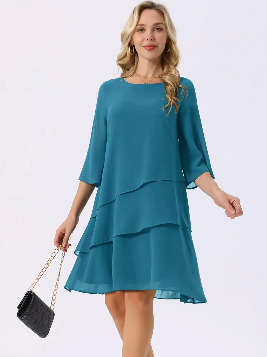 Seta T Women's Chiffon Dresses 3/4 Bell Sleeve Crewneck Tiered Layered Flowy Dress Party Wedding Outfits
