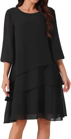 Seta T Women's Chiffon Dresses 3/4 Bell Sleeve Crewneck Tiered Layered Flowy Dress Party Wedding Outfits