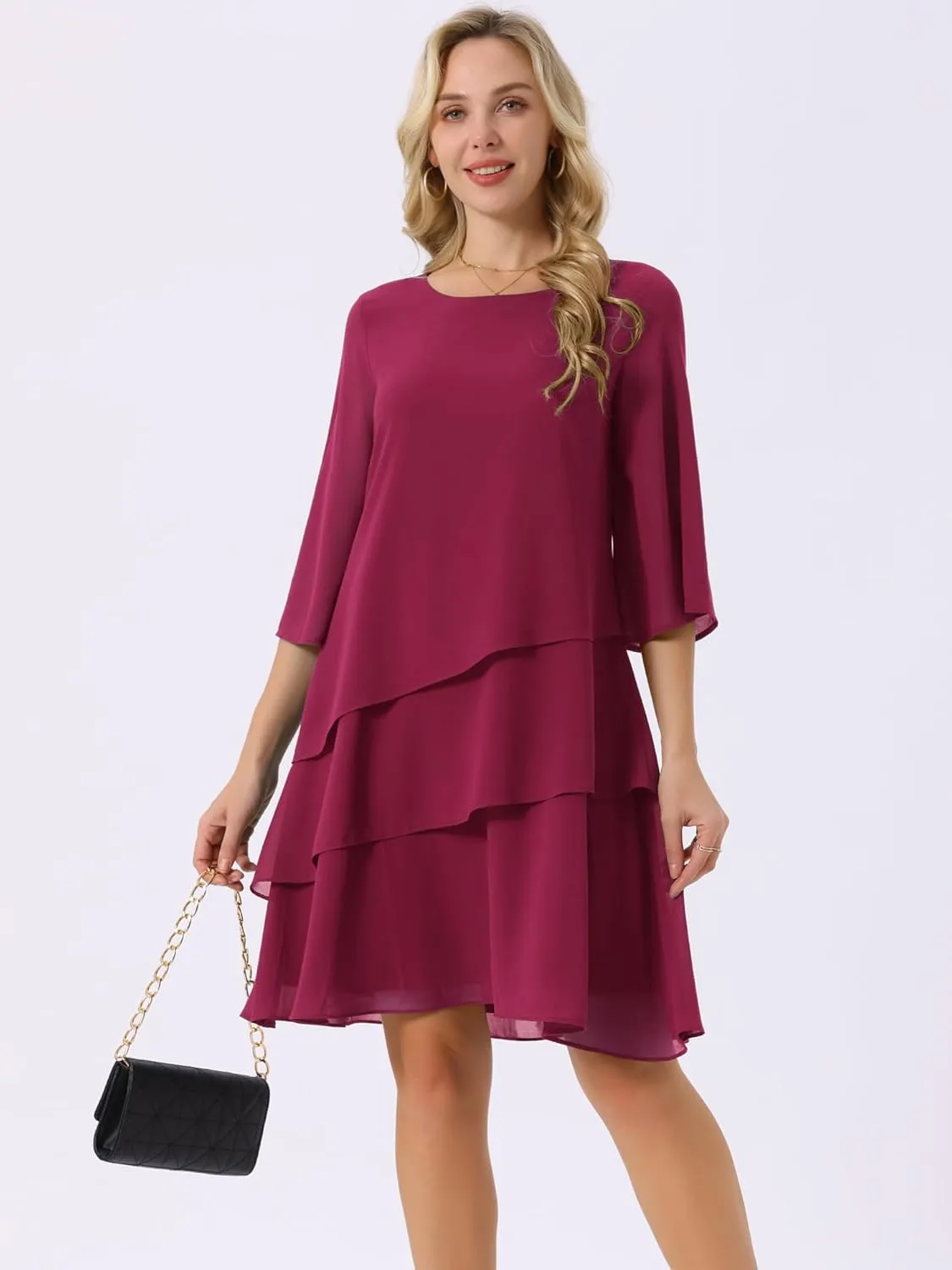 Seta T Women's Chiffon Dresses 3/4 Bell Sleeve Crewneck Tiered Layered Flowy Dress Party Wedding Outfits