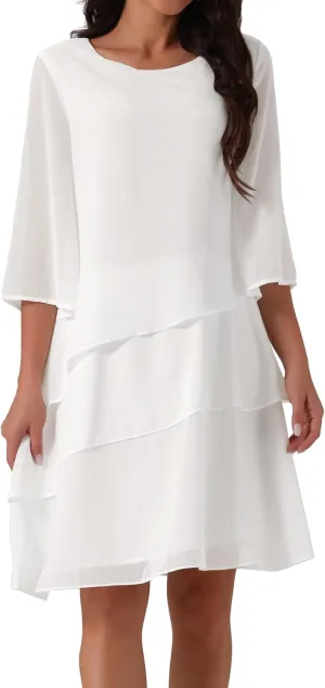 Seta T Women's Chiffon Dresses 3/4 Bell Sleeve Crewneck Tiered Layered Flowy Dress Party Wedding Outfits