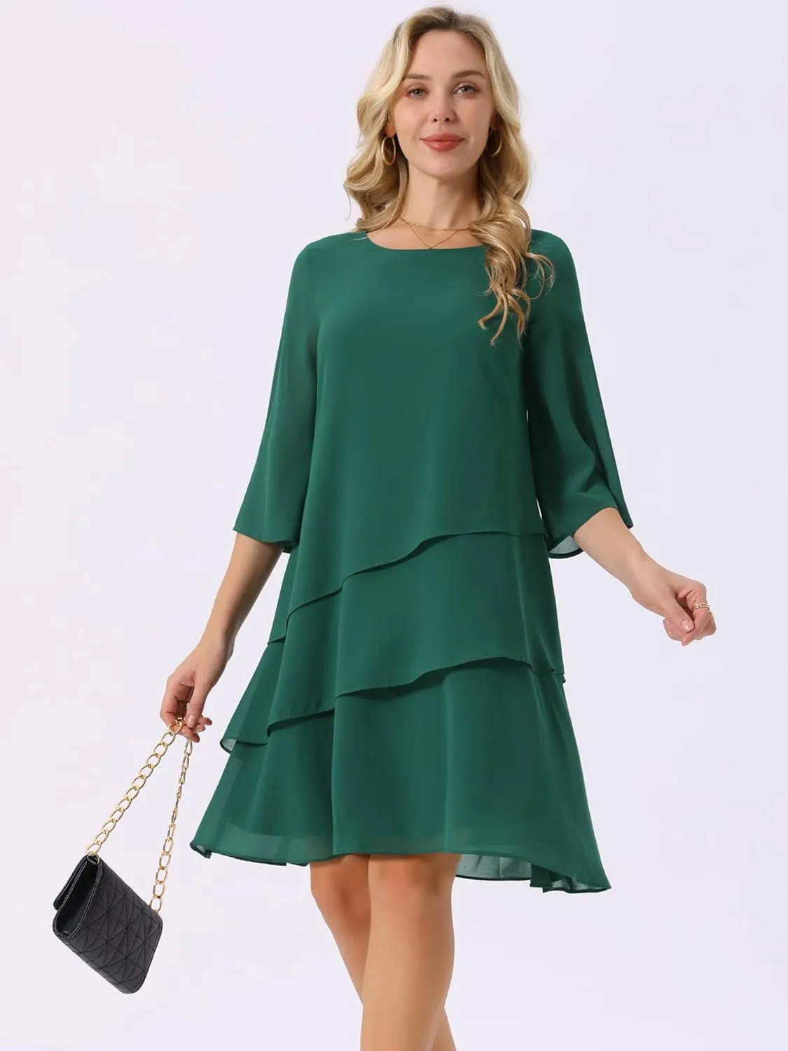 Seta T Women's Chiffon Dresses 3/4 Bell Sleeve Crewneck Tiered Layered Flowy Dress Party Wedding Outfits