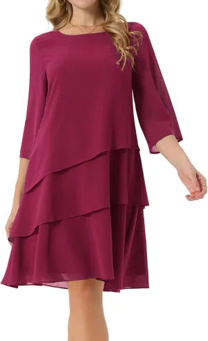 Seta T Women's Chiffon Dresses 3/4 Bell Sleeve Crewneck Tiered Layered Flowy Dress Party Wedding Outfits