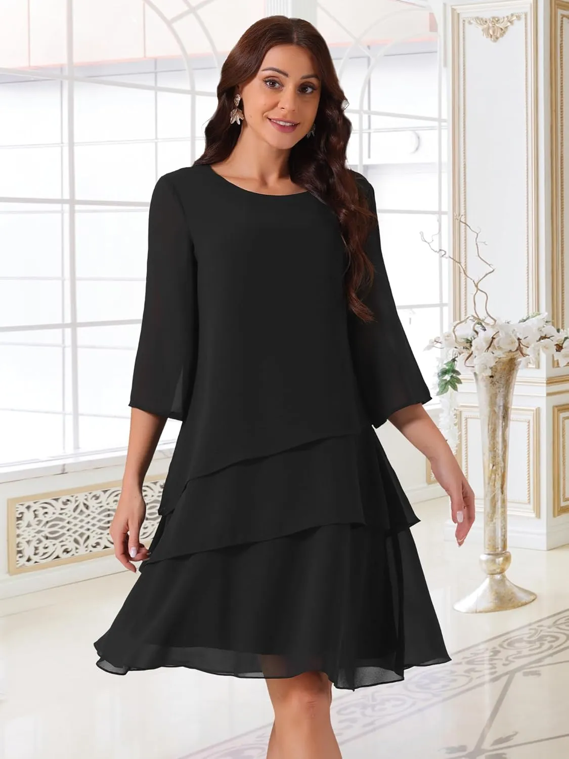 Seta T Women's Chiffon Dresses 3/4 Bell Sleeve Crewneck Tiered Layered Flowy Dress Party Wedding Outfits