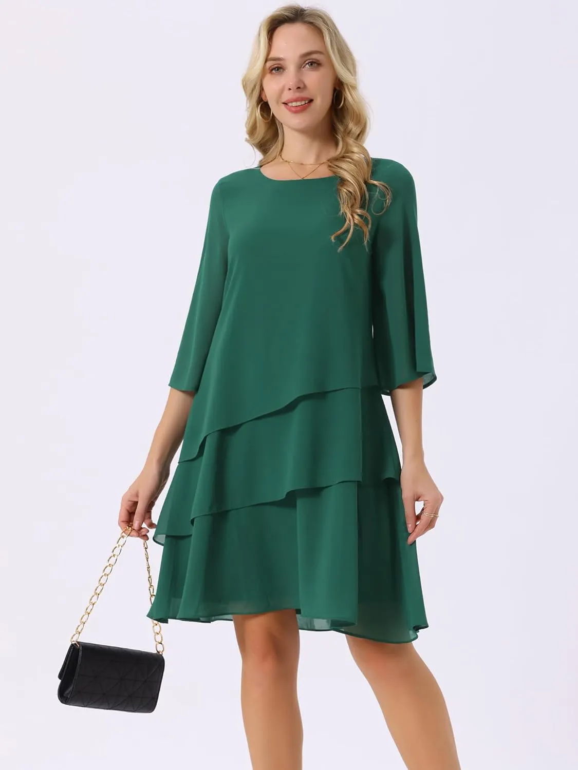 Seta T Women's Chiffon Dresses 3/4 Bell Sleeve Crewneck Tiered Layered Flowy Dress Party Wedding Outfits
