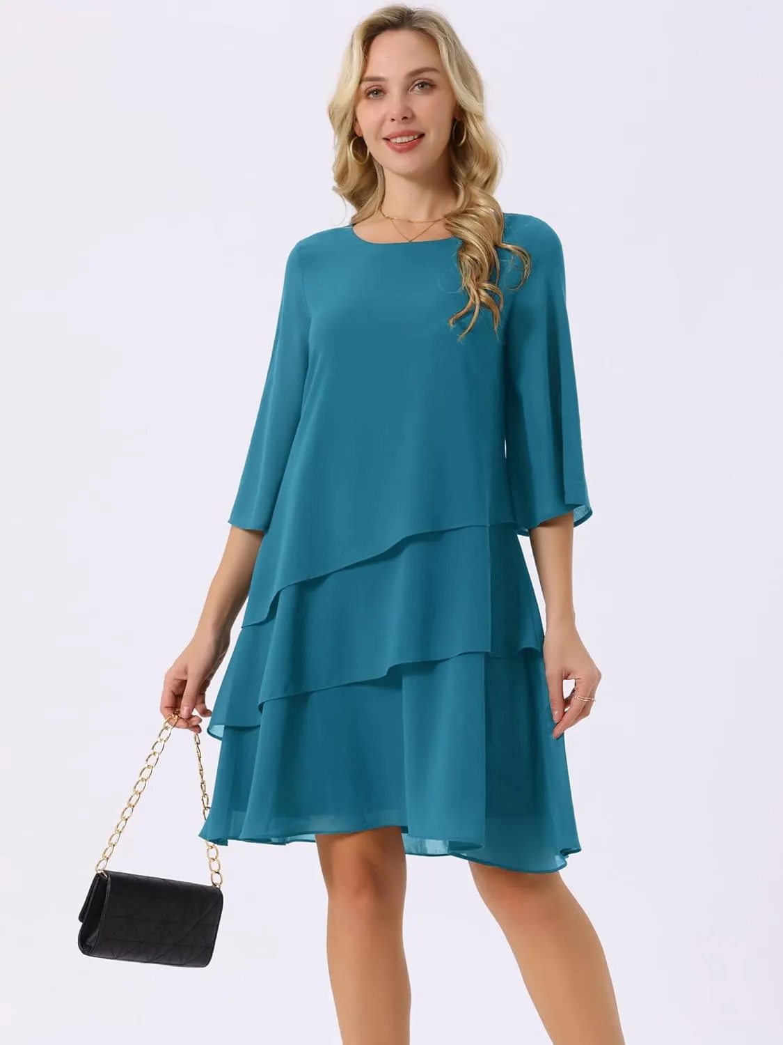 Seta T Women's Chiffon Dresses 3/4 Bell Sleeve Crewneck Tiered Layered Flowy Dress Party Wedding Outfits