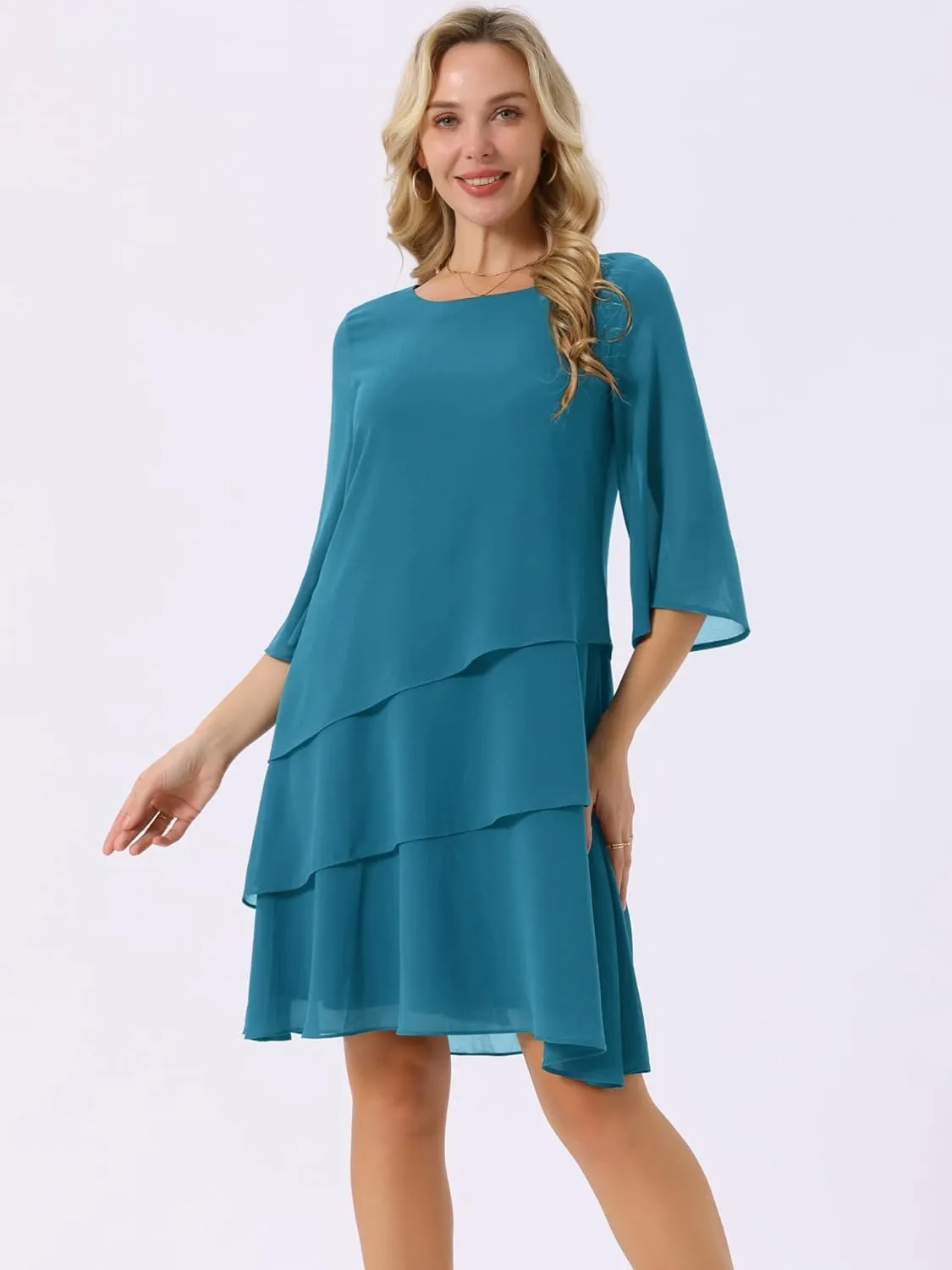 Seta T Women's Chiffon Dresses 3/4 Bell Sleeve Crewneck Tiered Layered Flowy Dress Party Wedding Outfits
