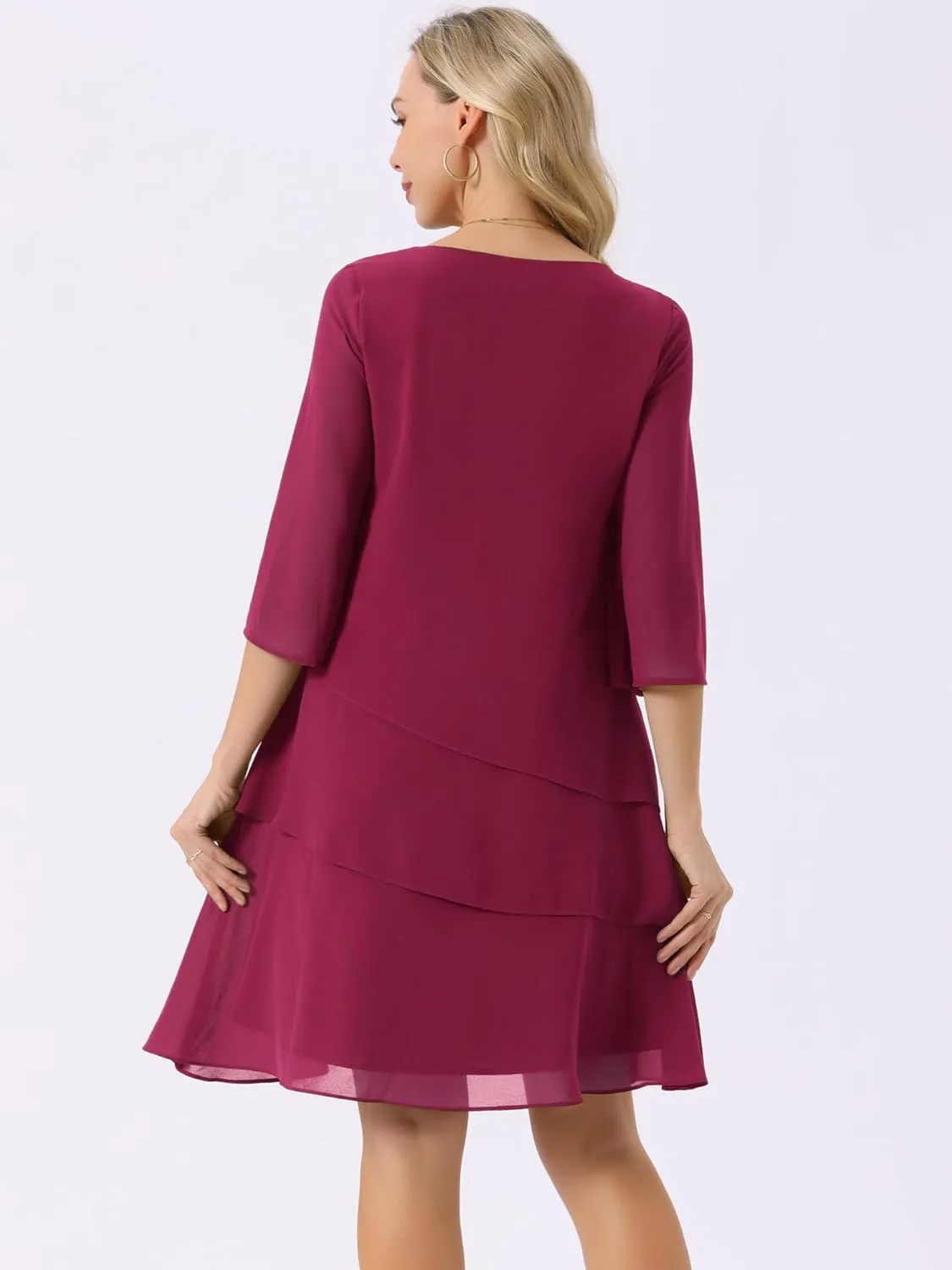 Seta T Women's Chiffon Dresses 3/4 Bell Sleeve Crewneck Tiered Layered Flowy Dress Party Wedding Outfits