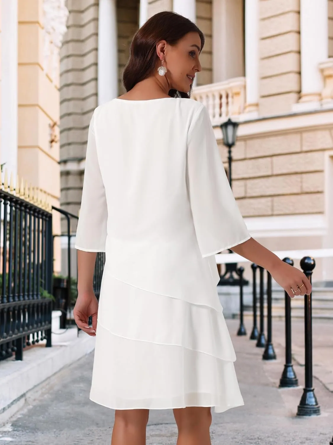 Seta T Women's Chiffon Dresses 3/4 Bell Sleeve Crewneck Tiered Layered Flowy Dress Party Wedding Outfits