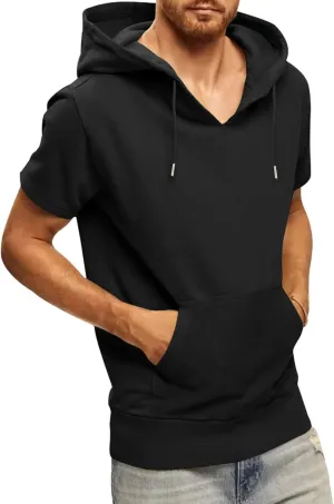 Short Sleeve Hoodies for Men Summer V Neck Hooded Shirts Lightweight Pullover Tops with Pocket Drawstring Casual Tees
